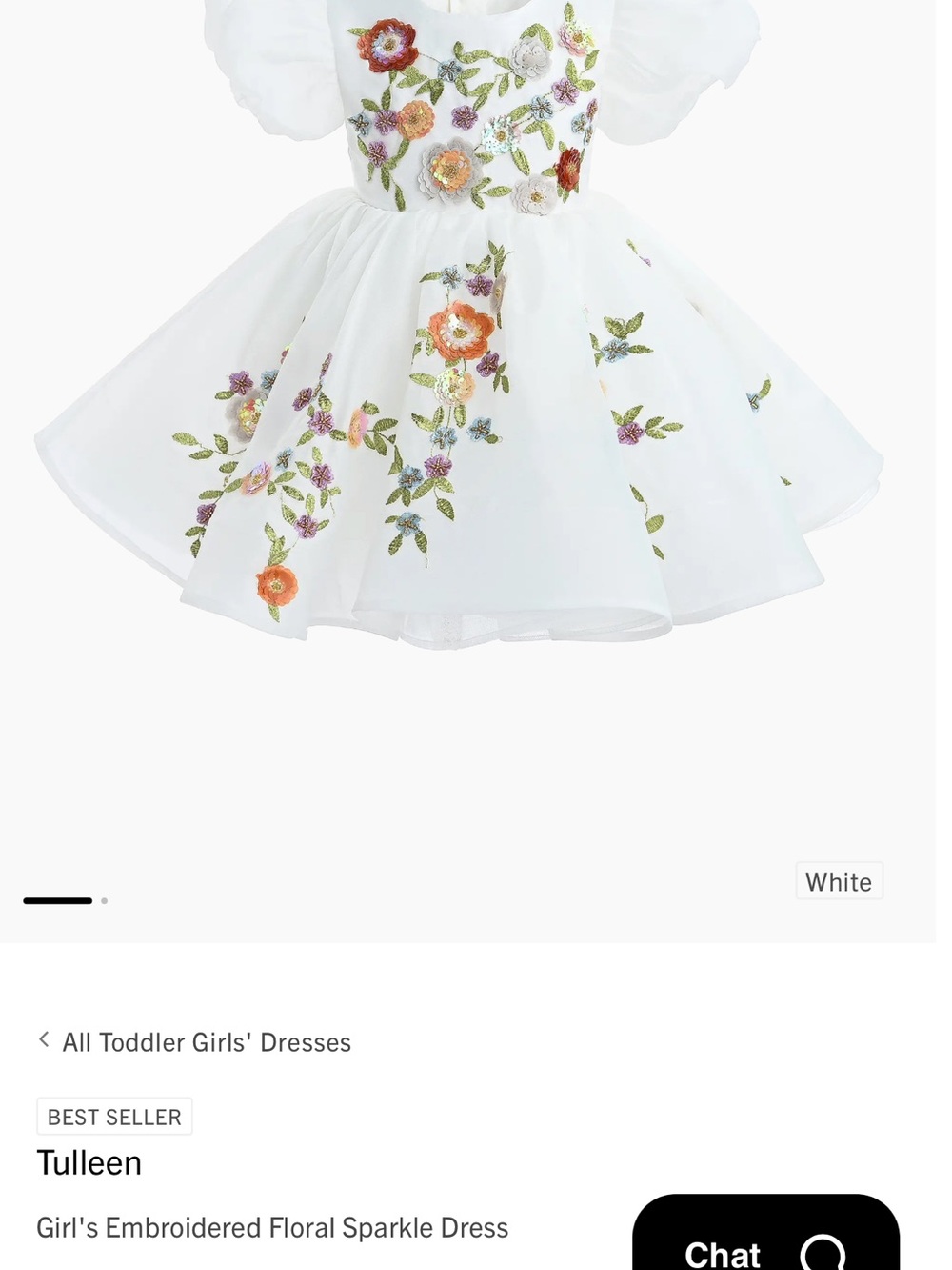 Tulleen Girl's White Embroidered Floral Sparkle Dress